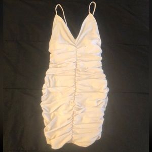 White Fashion Nova V-Neck Ruched Mini Dress